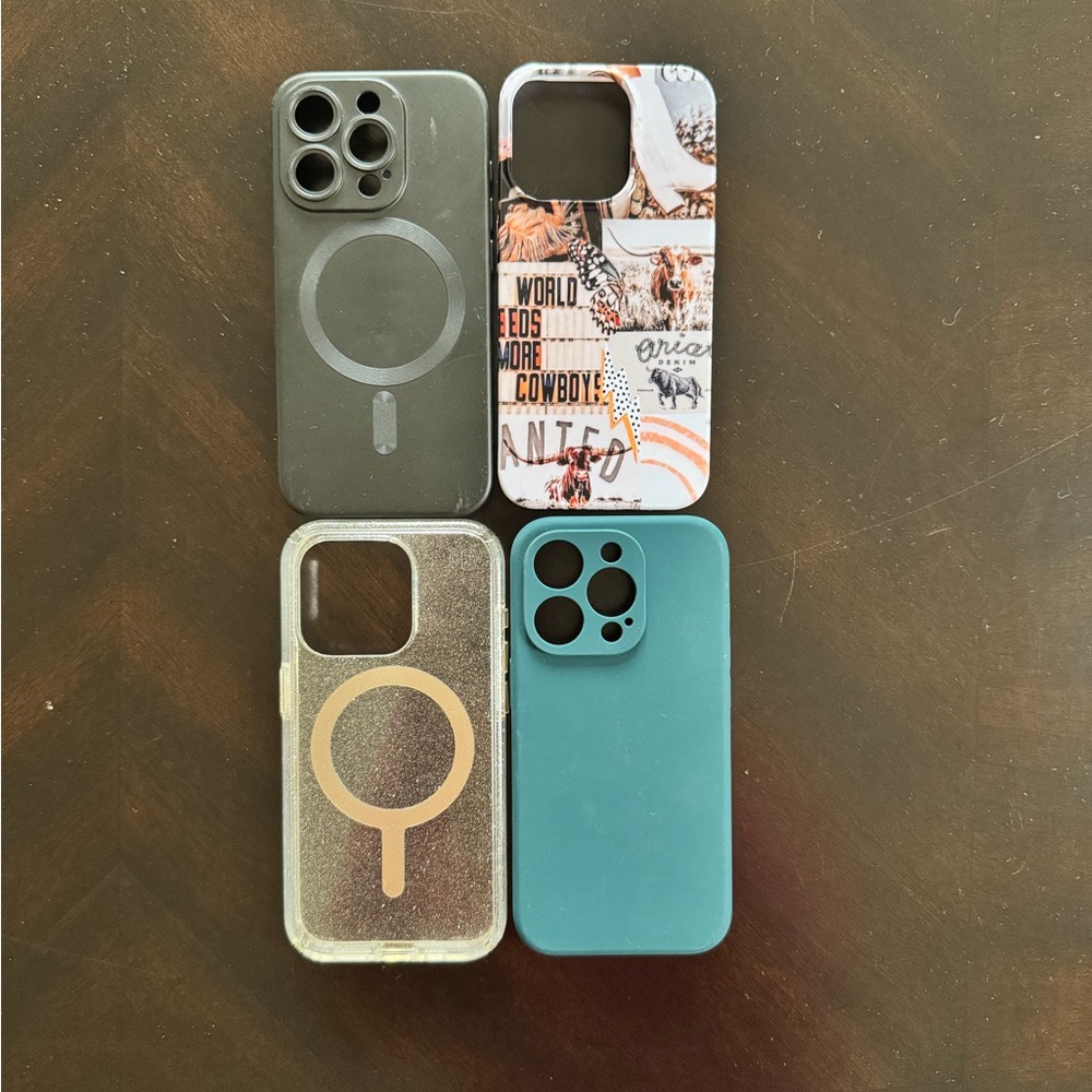 iPhone 15 Pro Phone Case Set - Black, Teal, Clear glitter, and Multicolor